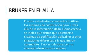 BRUNER EN EL AULA
El autor estudiado recomienda el utilizar
los sistemas de codificación para ir más
allá de la información dada. Como criterio
se indica que tienen que aprenderse
sistemas de codificación aplicables a otras
situaciones diferentes a la que fueron
aprendidos. Esto se relaciona con su
concepto de estructura optima.
 