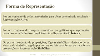 Forma de Representação
Por um conjunto de ações apropriadas para obter determinado resultado –
Representação Ativa;

Por um conjunto de imagens resumidas, ou gráficos que representam
conceitos, sem defini-los completamente – Representação Icônica;

Ou por um conjunto de preposições, lógicas simbólicas, derivado de um
sistema de simbólico regido por normas ou leis para formar ou transformar
proposições – Representação Simbólica
IF/UFMT

Programa de Pós-graduação em Ensino de Ciências

 