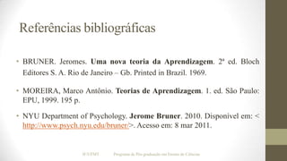 Referências bibliográficas
• BRUNER. Jeromes. Uma nova teoria da Aprendizagem. 2ª ed. Bloch
Editores S. A. Rio de Janeiro – Gb. Printed in Brazil. 1969.

• MOREIRA, Marco Antônio. Teorias de Aprendizagem. 1. ed. São Paulo:
EPU, 1999. 195 p.
• NYU Department of Psychology. Jerome Bruner. 2010. Disponível em: <
http://www.psych.nyu.edu/bruner/>. Acesso em: 8 mar 2011.

IF/UFMT

Programa de Pós-graduação em Ensino de Ciências

 