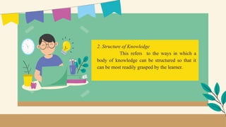 2. Structure of Knowledge
This refers to the ways in which a
body of knowledge can be structured so that it
can be most readily grasped by the learner.
 