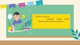 1. Identity Categories
Categories include objects
based on their attributes or features.
 