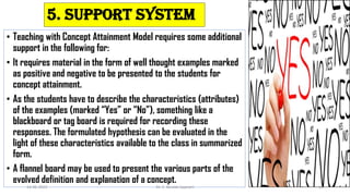 5. Support System
• Teaching with Concept Attainment Model requires some additional
support in the following for:
• It requires material in the form of well thought examples marked
as positive and negative to be presented to the students for
concept attainment.
• As the students have to describe the characteristics (attributes)
of the examples (marked “Yes” or “No”), something like a
blackboard or tag board is required for recording these
responses. The formulated hypothesis can be evaluated in the
light of these characteristics available to the class in summarized
form.
• A flannel board may be used to present the various parts of the
evolved definition and explanation of a concept.
14-06-2022 Dr. C. Beulah Jayarani 11
 