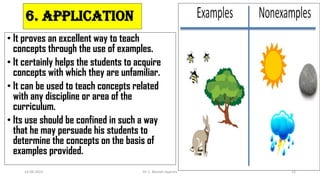 6. Application
• It proves an excellent way to teach
concepts through the use of examples.
• It certainly helps the students to acquire
concepts with which they are unfamiliar.
• It can be used to teach concepts related
with any discipline or area of the
curriculum.
• Its use should be confined in such a way
that he may persuade his students to
determine the concepts on the basis of
examples provided.
14-06-2022 Dr. C. Beulah Jayarani 12
 