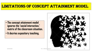 Limitations of Concept Attainment Model
• The concept attainment model
ignores the ‘social interaction,’
matrix of the classroom situation.
• It decries expository teaching.
14-06-2022 Dr. C. Beulah Jayarani 14
 