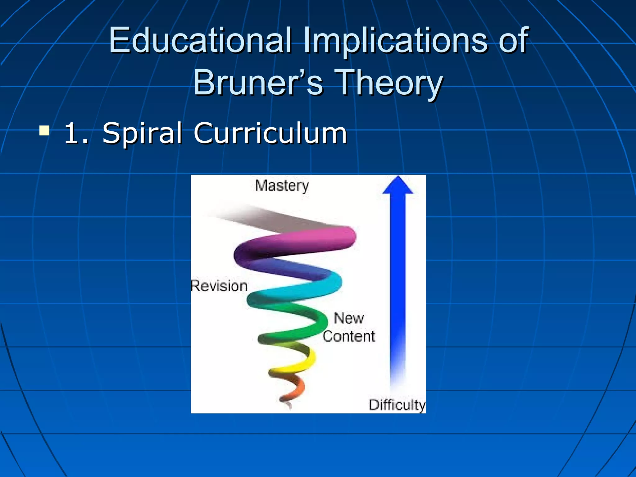 Educational Implications ofEducational Implications of
Bruner’s TheoryBruner’s Theory
 1.1. Spiral CurriculumSpiral Curriculum
 