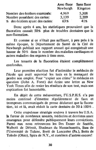 Nombre des écoliers examinés:
Nombre possédant des caries:
% des écoliers ayant des caries:
Avec fluor
Newburgh
4,969
3,139
63%
Sans fluor
Kingston
5,308
2,209
41%
Donc après 4 ans, les statistiques prouvaient que la
fluoration causait 50% plus de troubles dentaires que la
non-fluoration.
Et comme si ce n'était pas suffisant, à peu près à la
même époque, le Département de Santé de la Cité de
Newburgh publiait son rapport annuel qui enregistrait une
hausse de 50% dans le nombre des maladies cardiaques et
autres maladies des organes à tissu mou.
Les tenants de la fluoration étaient complètement
confondus.
Leur première réaction fut d'intimider le médecin de
l'école qui avait supervisé les tests en le menaçant de
perdre son emploi. Pour "expier son crime" le médecin en
question (John A. Forst) dut écrire une lettre au New
York Times afin de renier les résultats de son test, mais son
explication fut lamentable.
En dépit de ceUe mésaventure, l'U.S.P.RS. n'a pas
moins continué d'émettre régulièrement de faux et
trompeurs communiqués de presse déclarant que la fluora-
tion, ici et là, avait réduit la carie dentaire de 50 à 100% .
Cette crapuleuse stratégie souleva à travers les U.S.A.
la fureur de nombreux savants, médecins et dentistes assez
courageux pour défendre publiquement leurs convictions.
Parmi eux nous retrouvons les Drs Exner de Seattle,
Walbott de Détroit, Shadman du Massachusetts, Bass de
l'Université de Tulane, Brett de Lancaster (Pa.), Betts de
Toledo (Ohio), Spira de N.Y., et combien d'autres encore!
30
 