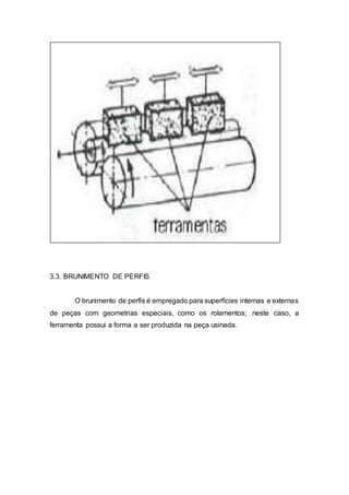 3.3. BRUNIMENTO DE PERFIS
O brunimento de perfis é empregado para superfícies internas e externas
de peças com geometrias especiais, como os rolamentos; neste caso, a
ferramenta possui a forma a ser produzida na peça usinada.
 
