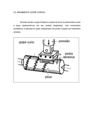3.5. BRUNIMENTO ENTRE PONTAS
No entre pontas a peça é fixada e a pedra de brunir é pressionada contra
a peça, deslocando-se em seu sentido longitudinal, com movimentos
oscilatórios; é aplicada no super acabamento de cames e peças com diâmetros
variados.
 