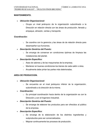 UNIVERSIDAD NACIONAL
FÁBRICA LAMBAYECANA
“PEDRO RUIZ GALLO” “DULCES FINOS BRUNING”
MANTENIMIENTO.
Ubicación Organizacional:
o

Ocupa un nivel jerárquico de la organización subordinado a la
Dirección en relación directa con las áreas de producción, llenado y
empaque, almacén, ventas y transporte.

Coordinación:
o

Se coordina con la gerencia y las áreas de de relación directa para
desempeñar sus funciones.

Descripción Genérica del Puesto:
o

Se encarga de conservar en condiciones óptimas de limpieza las
instalaciones del plantel.

Descripción Específica:
o

Aseo de salones y de las maquinarias de la empresa.

o

Mantener en buenas condiciones los bienes de cada salón o área.

o

Anualmente debe pintar las partes más deterioradas.

AREA DE PRODUCCION.
Ubicación Organizacional:
o

Se encuentra en el nivel jerárquico inferior de la organización,
subordinado a la dirección de la misma.

Coordinación:
o

Su principal coordinación hacia dentro de la organización es con la
Dirección y con el Ingeniero Industrial.

Descripción Genérica del Puesto:
o

Se encarga de elaborar los productos para ser ofrecidos al público
de la empresa.

Descripción Específica:
o

Se encarga de la elaboración de los distintos ingredientes y
subproductos para ser comercializados.

o

Mejorar continuamente los procesos de producción.

 
