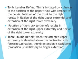  Tonic Lumbar Reflex: This is initiated by a change
in the position of the upper trunk with respect to
the pelvis. Rotation of the trunk to the right
results in flexion of the right upper extremity and
extension of the right lower extremity
 Rotation of the trunk to the left results in
extension of the right upper extremity and flexion
of the right lower extremity
 Tonic Thumb Reflex: When the affected upper
extremity is elevated above the horizontal with
forearm supination, thumb extension is facilitated
(pronation is facilitatory to finger extension)
 