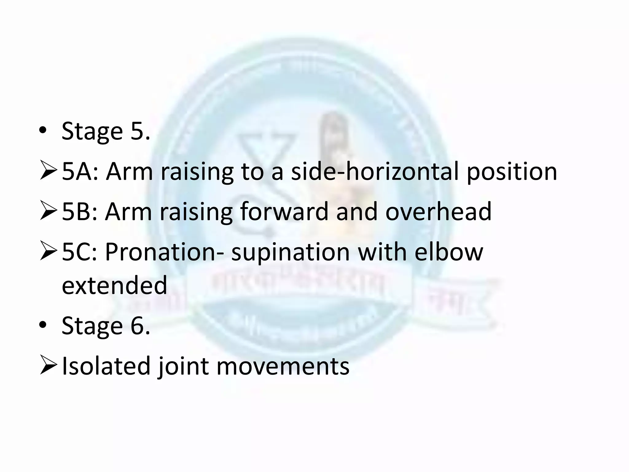 • Stage 5.
5A: Arm raising to a side-horizontal position
5B: Arm raising forward and overhead
5C: Pronation- supination with elbow
extended
• Stage 6.
Isolated joint movements
 