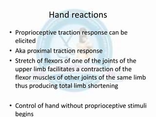 Hand reactions
• Proprioceptive traction response can be
elicited
• Aka proximal traction response
• Stretch of flexors of one of the joints of the
upper limb facilitates a contraction of the
flexor muscles of other joints of the same limb
thus producing total limb shortening
• Control of hand without proprioceptive stimuli
begins
 