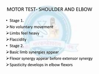 MOTOR TEST- SHOULDER AND ELBOW
• Stage 1.
No voluntary movement
Limbs feel heavy
Flaccidity
• Stage 2.
Basic limb synergies appear
Flexor synergy appear before extensor synergy
Spasticity develops in elbow flexors
 