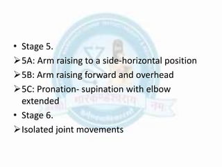 • Stage 5.
5A: Arm raising to a side-horizontal position
5B: Arm raising forward and overhead
5C: Pronation- supination with elbow
extended
• Stage 6.
Isolated joint movements
 