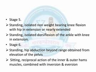 • Stage 5.
 Standing, isolated non weight bearing knee flexion
with hip in extension or nearly extended
 Standing, isolated dorsiflexion of the ankle with knee
in extension.
• Stage 6.
 Standing, hip abduction beyond range obtained from
elevation of the pelvis
 Sitting, reciprocal action of the inner & outer hams
muscles, combined with inversion & eversion
 