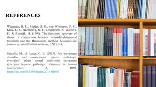 REFERENCES
Wagenaar, R. C., Meijer, O. G., van Wieringen, P. C.,
Kuik, D. J., Hazenberg, G. J., Lindeboom, J., Wichers,
F., & Rijswijk, H. (1990). The functional recovery of
stroke: a comparison between neuro-developmental
treatment and the Brunnstrom method. Scandinavian
journal of rehabilitation medicine, 22(1), 1–8.
Santello, M., & Lang, C. E. (2015). Are movement
disorders and sensorimotor injuries pathologic
synergies? When normal multi-joint movement
synergies become pathologic. Frontiers in human
neuroscience, 8, 1050.
https://doi.org/10.3389/fnhum.2014.01050
 