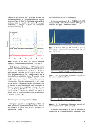 Anais do 16o
Congresso Brasileiro de Catálise 4
moagem e sua formação não é observada no caso das
amostras moídas por 40 h, sendo este resultado, coerente
com BARUA et al, 2001[16]. Isto indica que a fase-β se
estabiliza com o aumento do tempo de moagem
suprimindo a formação da fase-ω no subseqüente
tratamento térmico [17].
Figura 5 - DRX da liga AlCuFe com diferentes tempos de
moagens a 200 rpm e tratada termicamente a 720 °C por 2 h.
Ainda para uma temperatura de 720°C de tratamento
térmico, com o aumento do tempo de moagem, as fase-ω
e fase- λ vão desaparecendo e as fases ψ e β são as
predominantes. Ainda em relação a fase-ω, YONG et al,
2005 observaram que esta fase é transformada em fase- ψ
icosaedral com aumento do tempo de moagem e uma
temperatura de tratamento de 750°C [18]. Concluindo
desta forma que a fase-ω é precursora da fase
quasicristalina e que essa transformação de fase é uma
reação peritética. Esse fato é reforçado quando observa-se
o diagrama de fase quasicristalino onde constate que a
fase-ω é próxima a composição nominal da fase
icosaedral Al65Cu23Fe12. Podemos dizer desta forma,
que os resultados obtidos neste trabalho, em relação a
fase-ω, estão de acordo com os resultados do trabalho de
YONG et AL, 2005 [18].
Espectroscopias por energia dispersiva (EDS).
Na Figura 6 encontra-se um espectro típico obtido por
EDS das amostras tratadas termicamente, onde é possível
se identificar os picos mais intensos referentes aos
elementos Al, Cu e Fe.
Microscopia eletrônica de varredura (MEV)
A microscopia da amostra do pó Al62,2Cu25,5Fe12,3
moído por 40 h e tratada termicamente a 720 °C por 2 h
ilustradas nas Figuras 7 e 8 respectivamente.
Figura 6 - Espectro obtido por EDS ilustrando os picos de
emissão de raios-x dos elementos constituintes da fase-ψ da liga
Al63Cu24,5Fe11,7.
Figura 7 - MEV do pó moído por 40 h para uma rotação de 200
rpm amostra sem tratamento térmico.
Figura 8 - MEV do pó moído por 40 h para uma rotação de 200
rpm tratada termicamente a 720 °C durante 2 h.
As amostras apresentam-se na forma de aglomerados
de partículas de formato arredondado, que se torna mais
20 25 30 35 40 45 50
Ψ = quasicristalina
β = Al(Cu,Fe)
λ = Al13Fe4
ω = Al7Cu2Fe
Intensidadeu.a
2θ
ψ ψ ψ
ψ
ψ
ψ
ω
λ
β
β
40 h
30 h
20 h
10 h
ω
5 h
ωω
ω
Fe
Al
Fe
Cu
Fe
Cu
Cu
 