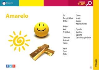 O SIGNIFICADO DAS

CORES

Amarelo

Sol
Receptividade
Brilho
Alegria
Vida
Felicidade
Otimismo
Amizade
Honra

Ciúme
Inveja
Cobiça
Aborrecimento
Covardia
Mentira
Egoísmo
Desvalorização Social

Valor
Ouro
Poder

AMARELO
13

 