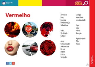 O SIGNIFICADO DAS

CORES

Vermelho

Atividade
Força
Energia
Determinação
Velocidade
Vida
Vitalidade
Solidez

Fogo
Calor
Perigo
Atenção
Agressividade
Ódio
Raiva

VERMELHO

Amor
Sensualidade
Sexualidade
Desejo
Prazer
Paixão
Tentação

Energia
Vivacidade
Impulsividade

8

 