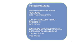 ARTIGOS EM ANDAMENTO:
ENSINO DO BIM NOS CENTROS DE
TREINAMENTO
(FASE FINAL DE CORREÇÃO)
CONSTRUÇÃO MODULAR + BIM4D +
IMPRESSÃO 3D
(FASE INICIAL)
COMPARAÇÃO ENTRE INDUSTRIAS NAVAL,
AUTOMOBILISTICA, AERONÁUTICA E
CONSTRUÇÃO CIVIL.
(FASE INICIAL)
11
 