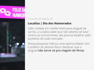 O que já fiz de legal por lá?
Localiza | Dia dos Namorados
Líder isolada em market share para aluguel de
carros, a Localiza sabe que não adianta só lutar
contra os concorrentes, ela precisa batalhar pelo
aumento de todo mercado.
Nossa pesquisa indicou uma oportunidade com
o público de pessoa física: destacar que o
aluguel não serve só pra viagem de férias.
 