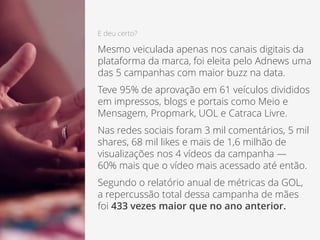 E deu certo?
Mesmo veiculada apenas nos canais digitais da
plataforma da marca, foi eleita pelo Adnews uma
das 5 campanhas com maior buzz na data.
Teve 95% de aprovação em 61 veículos divididos
em impressos, blogs e portais como Meio e
Mensagem, Propmark, UOL e Catraca Livre.
Nas redes sociais foram 3 mil comentários, 5 mil
shares, 68 mil likes e mais de 1,6 milhão de
visualizações nos 4 vídeos da campanha —
60% mais que o vídeo mais acessado até então.
Segundo o relatório anual de métricas da GOL,
a repercussão total dessa campanha de mães
foi 433 vezes maior que no ano anterior.
 