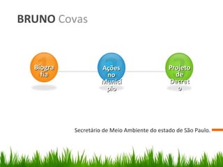 BRUNO Covas
Secretário de Meio Ambiente do estado de São Paulo.
BiograBiogra
fiafia
AçõesAções
nono
MunicíMunicí
piopio
ProjetoProjeto
dede
DecretDecret
oo
 