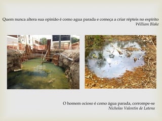 Quem nunca altera sua opinião é como agua parada e começa a criar répteis no espírito
William Blake
O homem ocioso é como água parada, corrompe-se
Nicholas Valentin de Latena
 