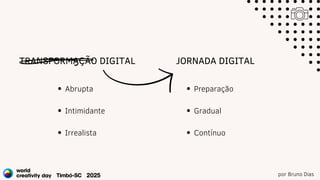 por Bruno Dias
TRANSFORMAÇÃO DIGITAL JORNADA DIGITAL
Abrupta
Intimidante
Irrealista
Preparação
Gradual
Contínuo
 