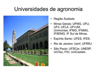 Universidades de agronomia
● Região Sudeste
● Minas Gerais: UFMG, UFU,
UFV, UFLA, UFVJM,
Unimontes, IFMG, IFNMG,
IFSEMG, IF Sul de Minas.
● Espírito Santo: UFES, IFES.
● Rio de Janeiro: Uenf, UFRRJ
● São Paulo: UFSCar, UNESP,
UniTau, FIO, UniCastelo.
 