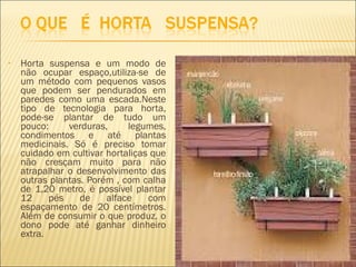 •   Horta suspensa e um modo de
    não ocupar espaço,utiliza-se de
    um método com pequenos vasos
    que podem ser pendurados em
    paredes como uma escada.Neste
    tipo de tecnologia para horta,
    pode-se plantar de tudo um
    pouco:     verduras,     legumes,
    condimentos e até plantas
    medicinais. Só é preciso tomar
    cuidado em cultivar hortaliças que
    não cresçam muito para não
    atrapalhar o desenvolvimento das
    outras plantas. Porém , com calha
    de 1,20 metro, é possível plantar
    12     pés    de    alface    com
    espaçamento de 20 centímetros.
    Além de consumir o que produz, o
    dono pode até ganhar dinheiro
    extra.
 