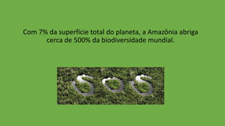 Com 7% da superfície total do planeta, a Amazônia abriga
cerca de 500% da biodiversidade mundial.
 