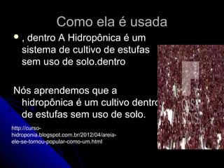 Como ela é usada
,   dentro A Hidropônica é um
    sistema de cultivo de estufas
    sem uso de solo.dentro

Nós aprendemos que a
 hidropônica é um cultivo dentro
 de estufas sem uso de solo.
http://curso-
hidroponia.blogspot.com.br/2012/04/areia-
ele-se-tornou-popular-como-um.html
 