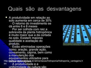 Quais são as desvantagens
     A produtividade em relação ao
      solo aumenta em cerca de 30%
        · O retorno do investimento se
      dá entre 6 e 8 meses
        · Por ser colhida com raiz a
      sobrevida da planta hidropônica
      é muito maior que a da cortada
      no solo. Existem maiores
      qualidade e aceitação do
      produto.
        · Estão eliminadas operações
      como: aração, grande ação,
      coveamento, capina, bem como
      a manutenção dos
      equipamentos utilizados para
      estas operações.
http://www.portalverde.com.br/alimentacao/hidroponia/hidroponia_vantagens.h
tm      · A produtividade e a
      uniformidade da cultura são
 