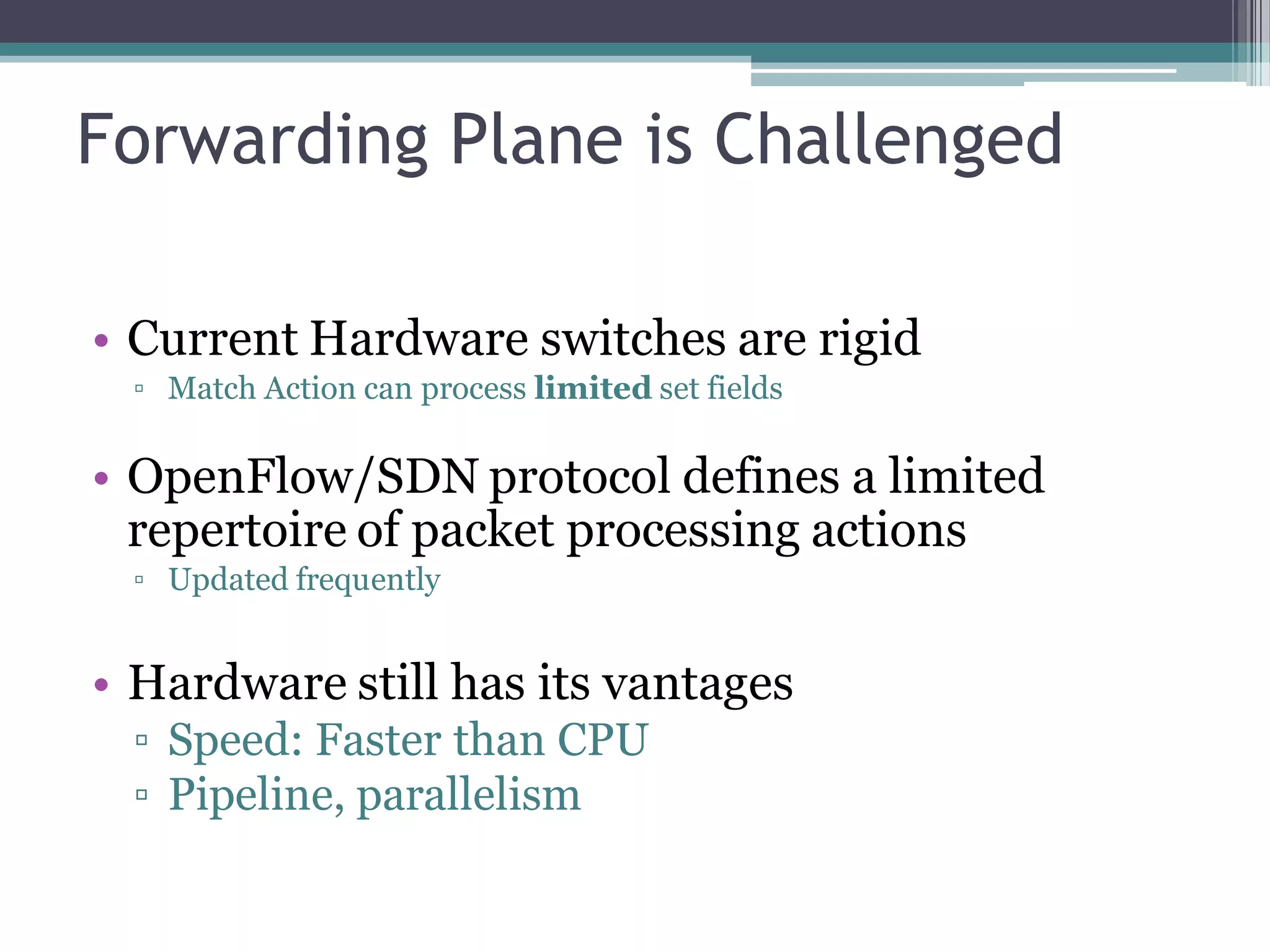 Forwarding Plane is Challenged
• Current Hardware switches are rigid
▫ Match Action can process limited set fields
• OpenFlow/SDN protocol defines a limited
repertoire of packet processing actions
▫ Updated frequently
• Hardware still has its vantages
▫ Speed: Faster than CPU
▫ Pipeline, parallelism
 