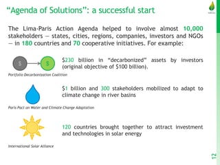 “Agenda of Solutions”: a successful start
The Lima-Paris Action Agenda helped to involve almost 10,000
stakeholders — states, cities, regions, companies, investors and NGOs
— in 180 countries and 70 cooperative initiatives. For example:
$230 billion in “decarbonized” assets by investors
(original objective of $100 billion).
Portfolio Decarbonization Coalition
$1 billion and 300 stakeholders mobilized to adapt to
climate change in river basins
Paris Pact on Water and Climate Change Adaptation
120 countries brought together to attract investment
and technologies in solar energy
International Solar Alliance
12
$ $
 