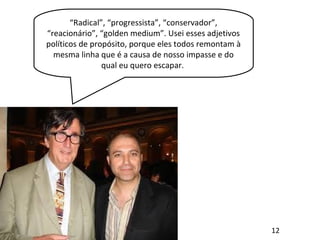 “Radical”, “progressista”, “conservador”,
“reacionário”, “golden medium”. Usei esses adjetivos
políticos de propósito, porque eles todos remontam à
mesma linha que é a causa de nosso impasse e do
qual eu quero escapar.
12
 