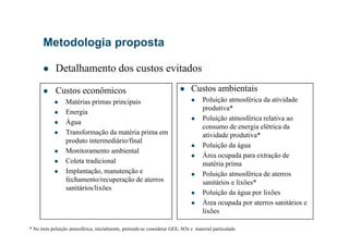 Metodologia proposta
Custos econômicos
Matérias primas principais
Energia
Água
Custos ambientais
Poluição atmosférica da atividade
produtiva*
Poluição atmosférica relativa ao
consumo de energia elétrica da
Detalhamento dos custos evitados
Água
Transformação da matéria prima em
produto intermediário/final
Monitoramento ambiental
Coleta tradicional
Implantação, manutenção e
fechamento/recuperação de aterros
sanitários/lixões
consumo de energia elétrica da
atividade produtiva*
Poluição da água
Área ocupada para extração de
matéria prima
Poluição atmosférica de aterros
sanitários e lixões*
Poluição da água por lixões
Área ocupada por aterros sanitários e
lixões
* No item poluição atmosférica, inicialmente, pretende-se considerar GEE, SOx e material particulado
 