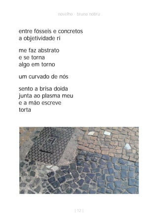 novelho · bruno nobru



entre fósseis e concretos
a objetividade ri

me faz abstrato
e se torna
algo em torno

um curvado de nós

sento a brisa doida
junta ao plasma meu
e a mão escreve
torta




                       | 12 |
 