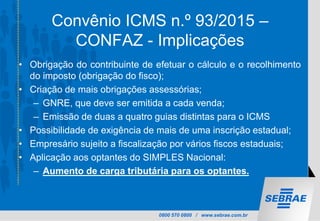 0800 570 0800 / www.sebrae.com.br
Convênio ICMS n.º 93/2015 –
CONFAZ - Implicações
• Obrigação do contribuinte de efetuar o cálculo e o recolhimento
do imposto (obrigação do fisco);
• Criação de mais obrigações assessórias;
– GNRE, que deve ser emitida a cada venda;
– Emissão de duas a quatro guias distintas para o ICMS
• Possibilidade de exigência de mais de uma inscrição estadual;
• Empresário sujeito a fiscalização por vários fiscos estaduais;
• Aplicação aos optantes do SIMPLES Nacional:
– Aumento de carga tributária para os optantes.
 