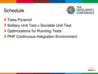 Globalcode – Open4education
Schedule
Tests Pyramid
Solitary Unit Test x Sociable Unit Test
Optimizations for Running Tests
PHP Continuous Integration Environment
 