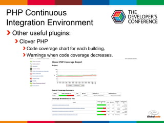 Globalcode – Open4education
PHP Continuous
Integration Environment
Other useful plugins:
Clover PHP
Code coverage chart for each building.
Warnings when code coverage decreases.
 