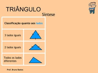 Prof. Bruno Bastos TRIÂNGULO Síntese Todos os lados diferentes 2 lados iguais 3 lados iguais Classificação quanto aos  lados 