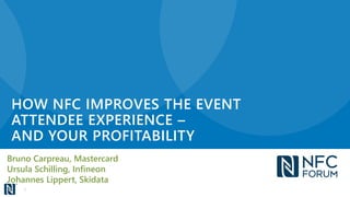 HOW NFC IMPROVES THE EVENT
ATTENDEE EXPERIENCE –
AND YOUR PROFITABILITY
Bruno Carpreau, Mastercard
Ursula Schilling, Infineon
Johannes Lippert, Skidata
1
 