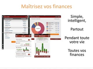 Maîtrisez vos finances
Simple,
intelligent,
Partout
Pendant toute
votre vie
Toutes vos
finances