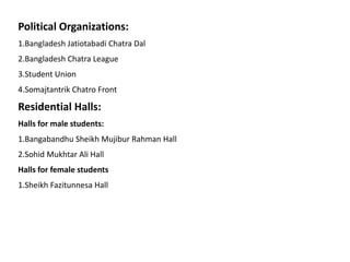 Political Organizations:
1.Bangladesh Jatiotabadi Chatra Dal
2.Bangladesh Chatra League
3.Student Union
4.Somajtantrik Chatro Front
Residential Halls:
Halls for male students:
1.Bangabandhu Sheikh Mujibur Rahman Hall
2.Sohid Mukhtar Ali Hall
Halls for female students
1.Sheikh Fazitunnesa Hall
 