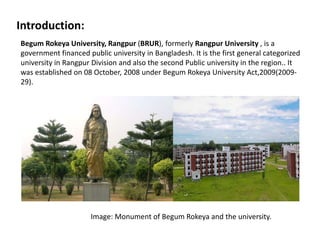 Introduction:
Begum Rokeya University, Rangpur (BRUR), formerly Rangpur University , is a
government financed public university in Bangladesh. It is the first general categorized
university in Rangpur Division and also the second Public university in the region.. It
was established on 08 October, 2008 under Begum Rokeya University Act,2009(2009-
29).
Image: Monument of Begum Rokeya and the university.
 