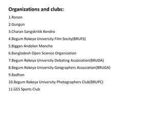 Organizations and clubs:
1.Ronon
2.Gungun
3.Charan Sangskritik Kendro
4.Begum Rokeya University Film Socity(BRUFS)
5.Biggan Andolon Moncho
6.Bangladesh Open Science Organization
7.Begum Rokeya University Debating Association(BRUDA)
8.Begum Rokeya University Geographers Association(BRUGA)
9.Badhon
10.Begum Rokeya University Photographers Club(BRUPC)
11.GES Sports Club
 