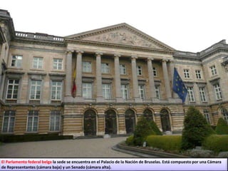 El Parlamento federal belga la sede se encuentra en el Palacio de la Nación de Bruselas. Está compuesto por una Cámara
de Representantes (cámara baja) y un Senado (cámara alta).
 