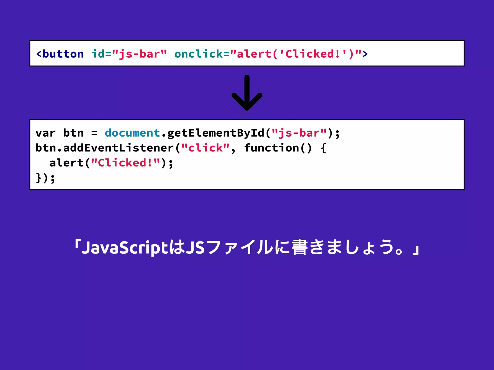 <button id="js-bar" onclick="alert('Clicked!')">
var btn = document.getElementById("js-bar");
btn.addEventListener("click", function() {
alert("Clicked!");
});
「JavaScriptはJSファイルに書きましょう。」
 